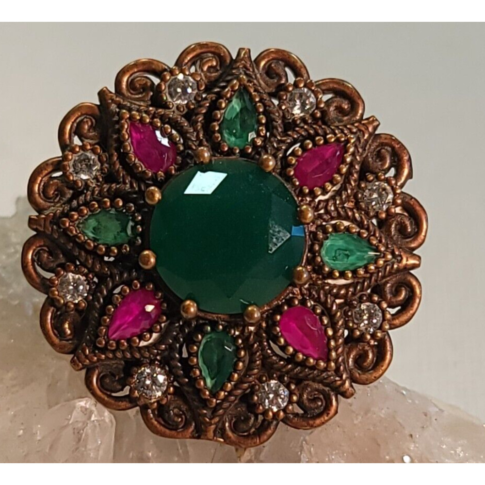 Vintage Gift Collectable Ring Silver Genuine Emerald Ruby Clear Quarts